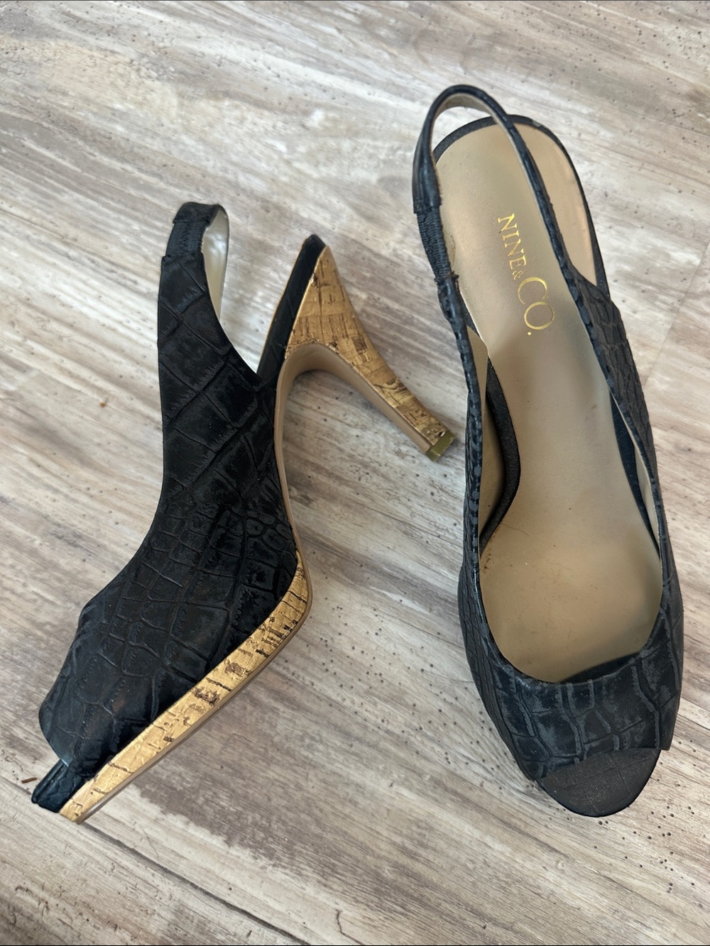 Nine & Co. Navy Croc-Embossed Slingback Platform Heels with Cork Trim